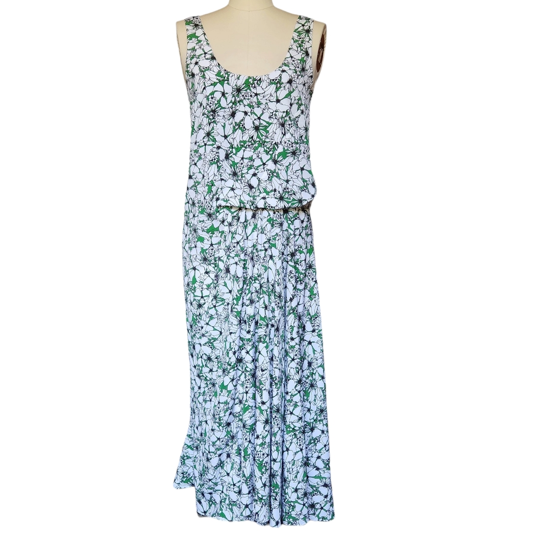$714 Cedric Charlier White Green Floral Midi Dress Sleeveless Us 6 I 40